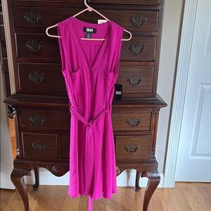 DKNY Pink Tie Front Pleated Midi Sundress
